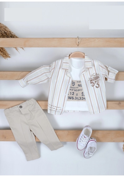 Lamato Baby Yazlık Vintage Baskılı Bebe 3'lü Erkek Takım Bej