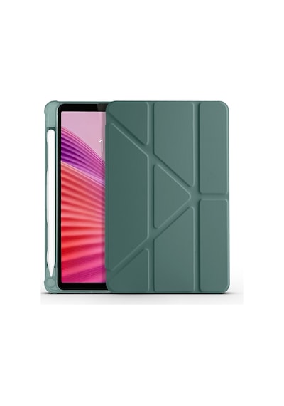 Lenovo Tab One 8.7 2025 Tb-305fu Uyumlu Kalem Bölmeli Dönebilen Üçgen Standlı Tri Folding Tablet Kılıfı - Koyu Yeşil - T41659