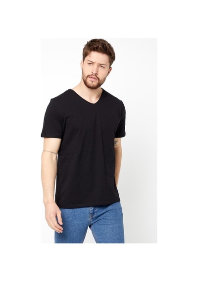 Comeor Erkek Siyah Slim Fit Pamuklu Kısa Kollu V Yaka T-Shirt Siyah