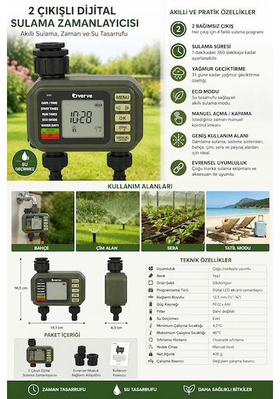 2 Çıkışlı Dijital Sulama Zamanlayıcısı Lcd Ekranlı Otomatik Bahçe Sulama Kontrol Cihazı Eco Mod Yağmur Geciktirme