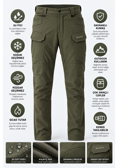 Dechers Erkek Kışlık İçi Polarlı Rüzgar Su Geçirmez Soft Shell Taktik Pantolon - E231 Haki