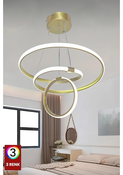 Mars 3 Renk Eskitme Gold Kasa Salon Led Avize Ledli Avize Büyük Salon Avizesi Kumandasız