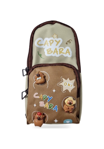 Kapibara Figürlü Üç Bölmeli Mini Omuz Çantası Kalemlik Organizer Kahverengi