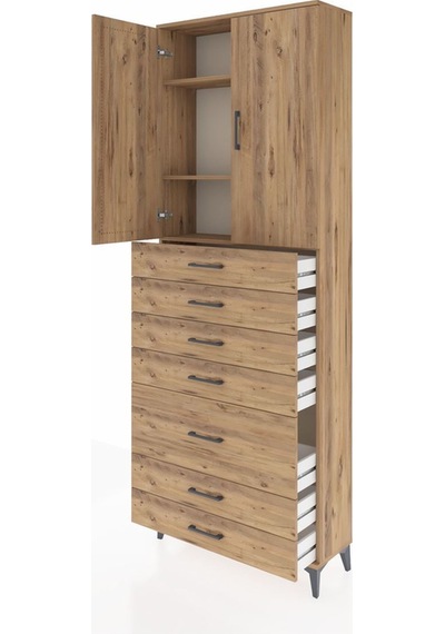 Arges Dolap 3 Raflı 5 Çekmeceli 2 Kapaklı 88x30x243 Çam-çam Atlas Çam