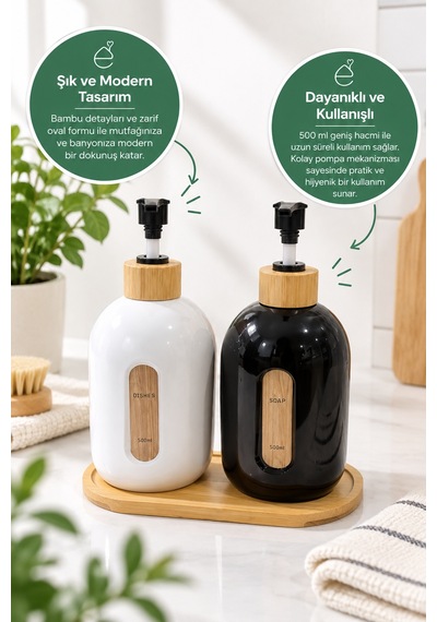 Evonıta 2 Li 500 Ml Bambu Detaylı Sıvı Sabunluk Ve Deterjanlık Seti Siyah Beyaz Pompalı Dispenser Bambu Standlı Beyaz - Siyah