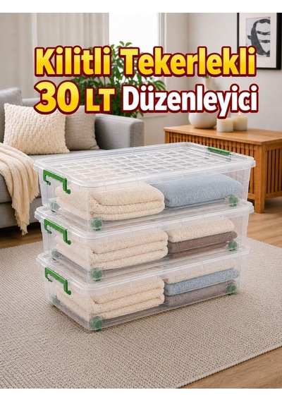 3'lü Set 30 Lt Kilitli Tekerlekli Saklama Kutusu Şeffaf Yatak Altı Düzenleyici Kutu 63x40x18 Cm Diğer