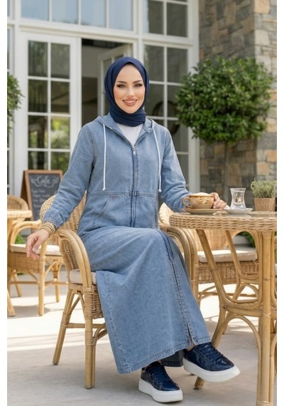Hb Harma Time Butik Kadın Kapüşonlu Cepli Fermuarlı Kot Mavi Kap