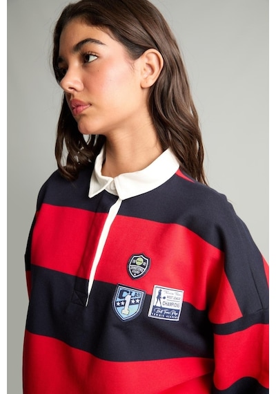 Defacto Loose Fıt Polo Yaka Renk Bloklu Nakışlı Sweatshirt H9944ax26aurd256 Kırmızı-rd256