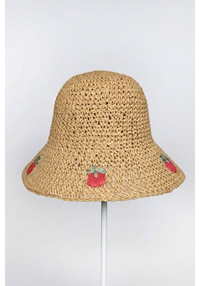 Mollycrush Kadın Camel Hasır İp Çilek Desenli Bucket Şapka Yazlık Trend El Yapımı Tasarım Camel