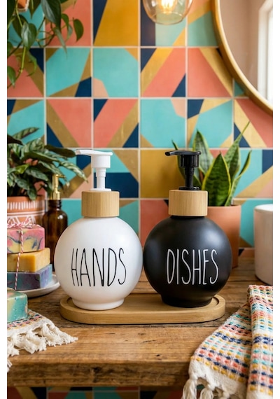 Makri Home 2'li Cam Sıvı Sabunluk Seti Ve Bambu Stant 450 Ml Siyah-beyaz Beyaz - Siyah