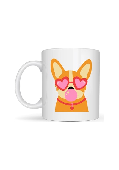 Sevimli Corgi Desenli Porselen Kupa Model 44 Kalpli Gözlüklü Köpek Tasarımlı, Eğlenceli & Hediye F