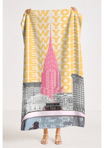 New York Şehir Temalı Modern Plaj Havlusu - Urban Retro Pembe Sarı Hızlı Kuruyan Mikrofiber Havlu Donuk Çayı
