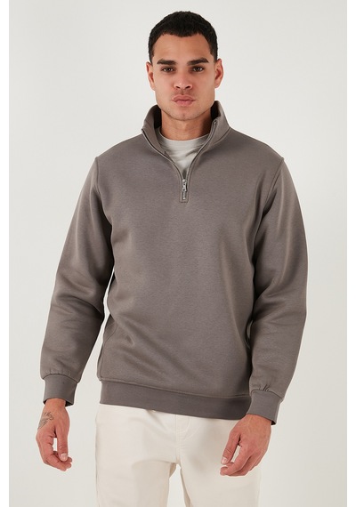 Buratti Pamuklu Regular Fit Yarım Fermuarlı Dik Yaka Erkek Sweat 59052592 Toprak