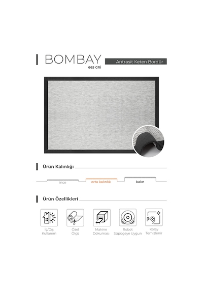 Bombay 665 Gri Hav Toz Vermez Kolay Temizlenen Hasır Doku Sisal Halı Gri