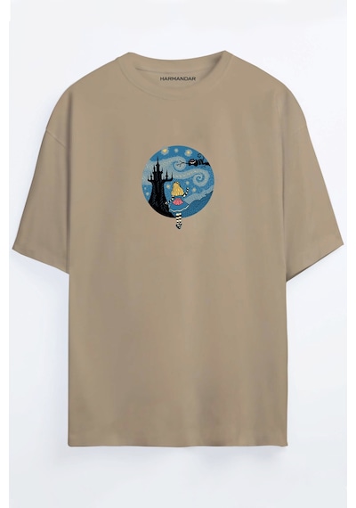 Alice Baskılı Unisex Siyah - Beyaz -turuncu - Bej Oversize T-shirt Bej