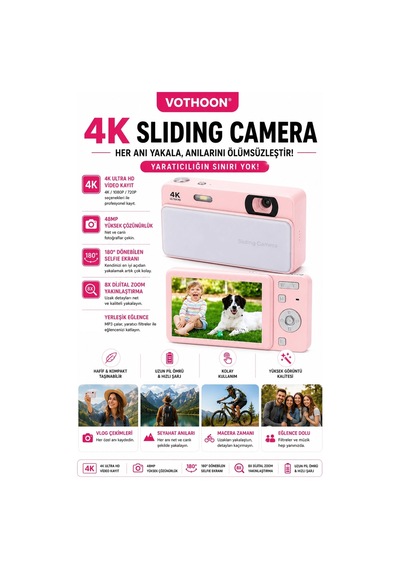 Dijital Kamera 4k Hd 48mp 8x Zoom Flaşlı Kayar Retro Video Kamera 2.4 Ekran 64gb Sd Kart Hediyeli Pembe