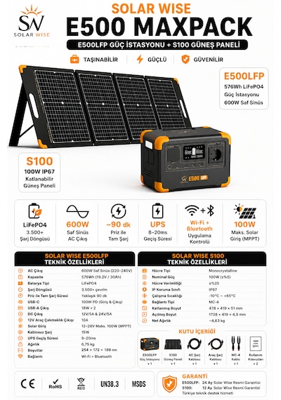 Solar Wise E500 Maxpack 600w 576wh Taşınabilir Güç İstasyonu + 100w Katlanabilir Güneş Paneli Lifepo4 Ups Wifi Bluetooth