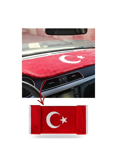 Türk Bayraklı & Ayyıldız Desenli Uzun Tüylü Yumuşak Torpido - Pandizot Koruyucu Pelüş Örtü Halı