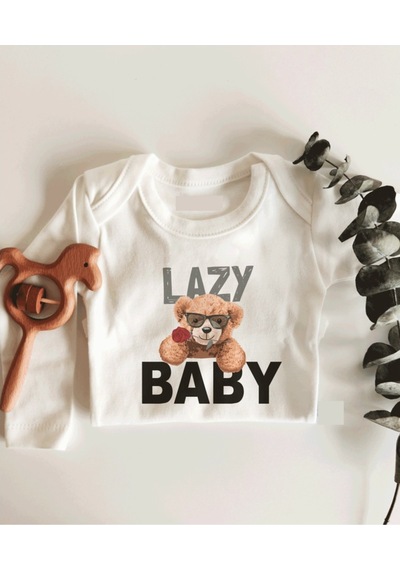 İmaj Tuğbababy Lazy Baby Uzun Kol Çıtçıtlı Organik Bebek Body Beyaz