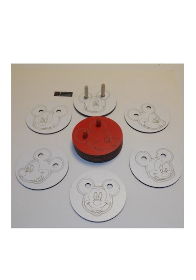 Ahşap Figürlü 6'lı Bardak Altlığı Lazer Kazıma 3mm - Mickey Mouse Ahşap - Beyaz