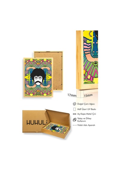 Doğal Ahşap Çerçeveli Canlı Geometrik Tablo - Pop Art Desenli Huhu2011
