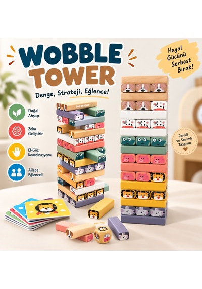 Topbright Wobble Tower Ahşap Denge Kulesi Hayvan Figürlü Eğitici Çocuk Oyunu Kartlı Ve Zarlı