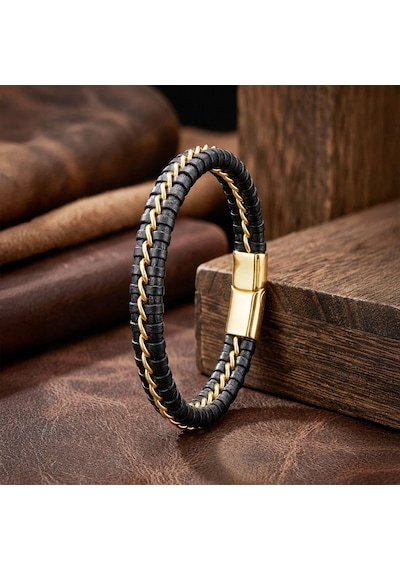 Moncuk Design Sarı Zincir Ve Deri Dolama Çelik Bileklik 33514b2d3 Kahverengi