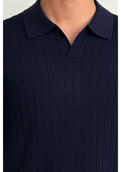 Tarz Cool Erkek Mat Lacivert Slim Fit Fitilli Polo Yaka Triko T-shirt Mat Lacivert