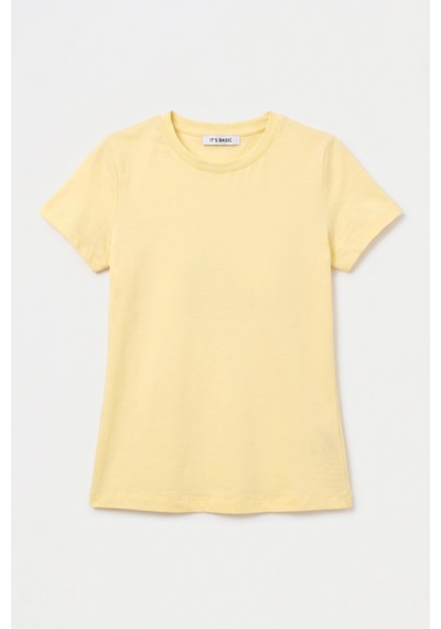 Itsbasic Kadın Light Sarı S6-108 Bisiklet Yaka %100 Organik Pamuk Esnek Kumaş T-shirt