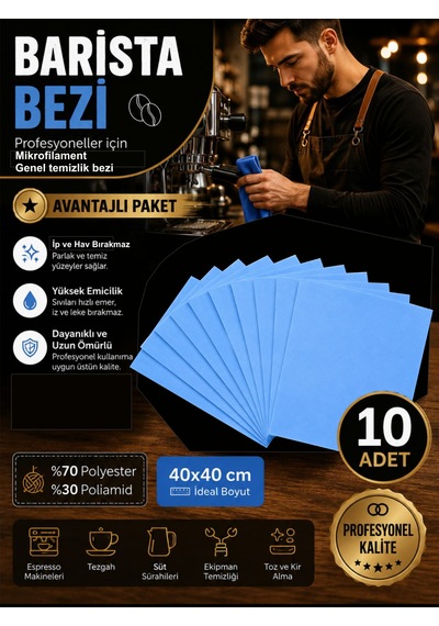 Profesyonel Mikrofilament Mavi Barista Genel Temizlik Bezi 40 40cm 10'lu Paket