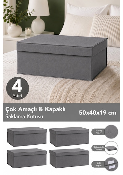 4'lü Organizer Baza Hurç Seti - Çok Amaçlı Kapaklı Saklama Kutusu 50x40x19cm Antrasit