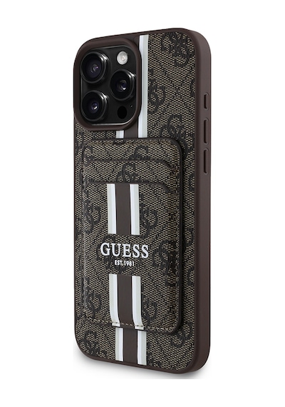 Apple Uyumlu iPhone 16 Pro Max Kılıf Guess Lisanslı Magsafe Özellikli 4g Desenli Çizgili Kartlıklı Kahverengi