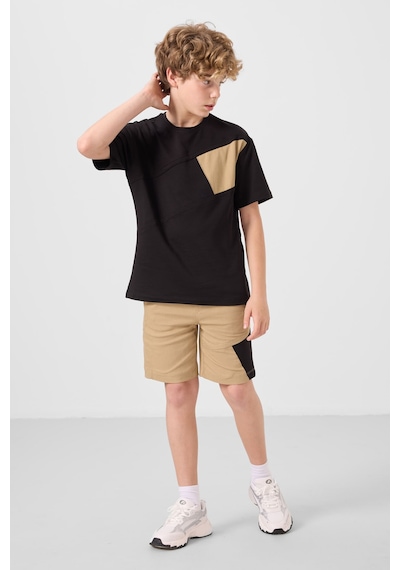 Siyah-koyu Bej Pamuklu Oversize Fit Dokuma Hafif Esnek Chino Erkek Çocuk Şort Takım - 11275 Siyah
