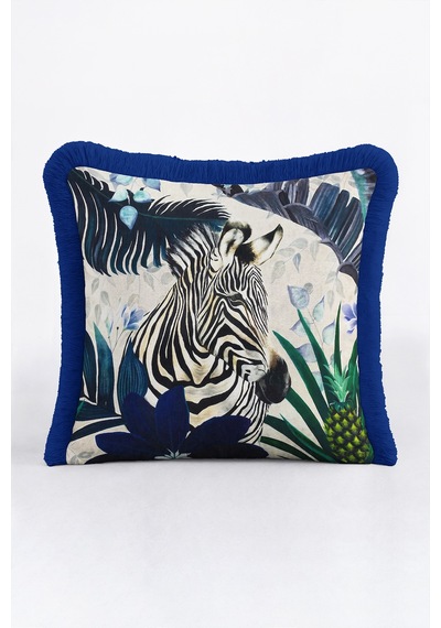 Egzotik Safari Zebra Desenli Saçaklı Yastık Kılıfı - Bohem Yeşil Lacivert Püsküllü Kırlent Kılıfı Krem