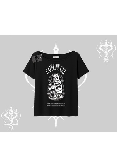 Tarzsokak Kayık Yaka Tshirt Caffeine Cat Kahve Temalı Kedi Baskılı Siyah