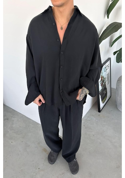 Siyah Basic Oversize Modal Gömlek Siyah