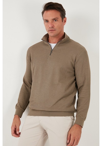 Buratti Pamuklu Regular Fit Yarım Fermuarlı Dik Yaka Erkek Sweat 5905716 Koyu Vizon