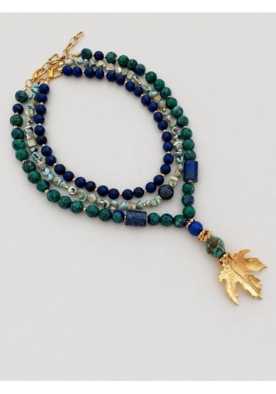 El Yapımı Lapis Lazuli, Azurit & Sedef Doğal Taş Kolye Seti Mavi - Yeşil