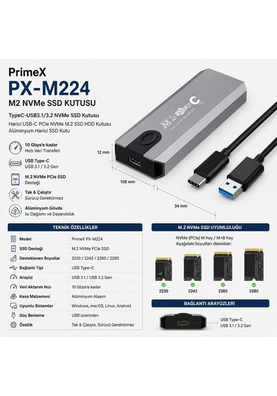 Primex Px-m224 M.2 Nvme Ssd Kutusu, Type-c Usb 3.1/3.2 Harici Ssd Kutu, Pcıe Nvme M.2 Ssd Uyumlu Alüminyum Taşınabilir Disk Muhafazası, Usb-c Hızlı Veri Aktarım Harici Ssd Hdd Kutusu