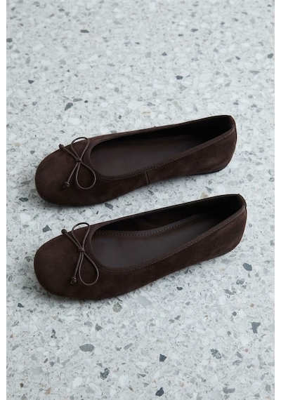 Shoetek Mary Kadın Babet Lastik Fiyonklu Kahverengi Süet Kahve
