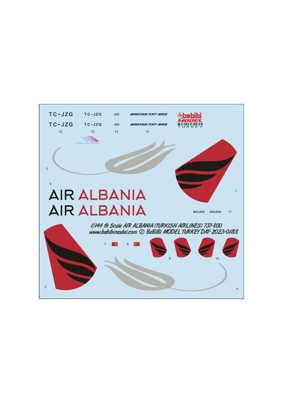 Babibi Dat-01188 1/144 Ölçek, Arnavutluk Hava Yolları Türk Hava Yolları Boeing 737-800, Dekal Çıkartma