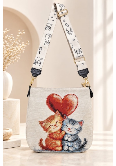 Genel Markalar Omuz Çantası Kedi Desen Goblen Krem.karışık Renkli Desenli