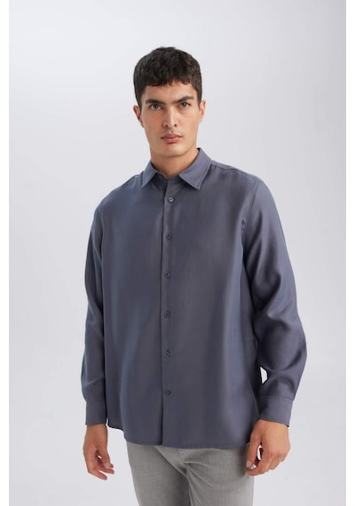 DeFacto Relax Fit Polo Yaka Twill Modal Karışımlı Basic Düz Uzun Kollu Gömlek D3376AX24AUAR174 Antrasit