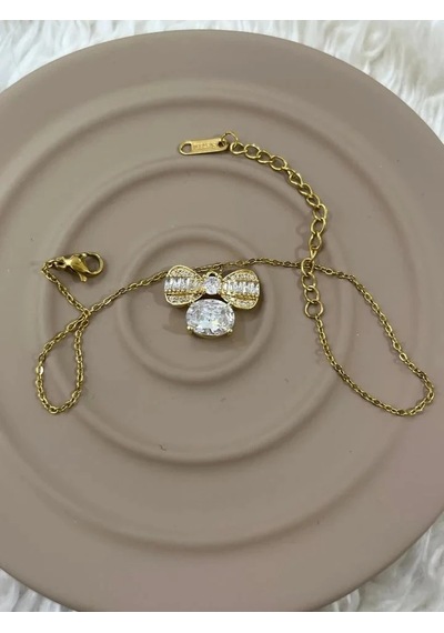 Premium Gold Renk 316l Çelik Fiyonk Detaylı Şık Ve Parlak Taşlı Halhal 25cm Altın