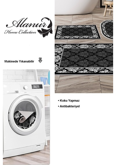 Dekoreko Kaymaz Taban Djt 3 Lü Banyo Paspas Takımı Trend Karışık Modern 700m Siyah