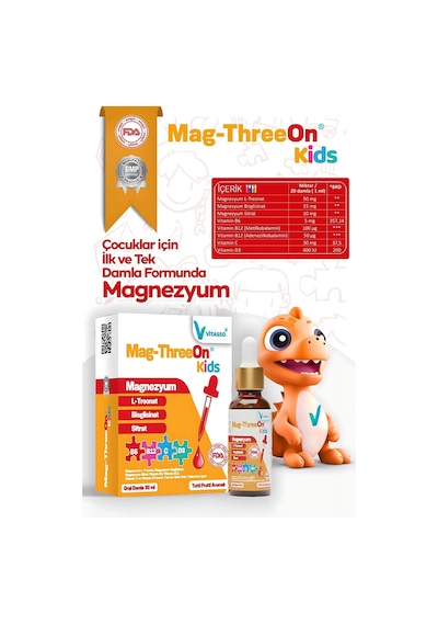 Mag-threeon Kids, Magnezyum Damla, L-treonat, Bisglisinat, Sitrat, Vitamin B6, B12, C, D3, 30 Ml