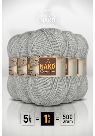Süper İnci - 195 Açık Gri - 5'li Paket - 100gr/260m - El Örgü İpi - Atkı Yelek Kazak İpi