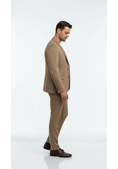 Erkek Slim Fit Mikro Dokulu Takım Elbise Çift Düğmeli Modern Kesim Vizon