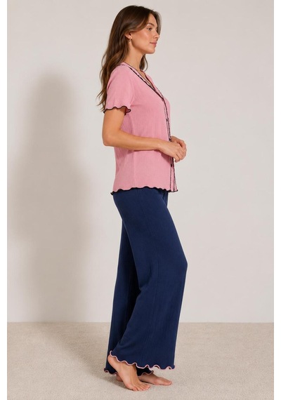 Pijamask Kadın Kısa Kollu Pamuklu Pijama Takım Lacivert