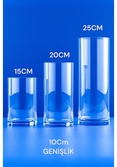 10 Çap - 15-20-25 Cm Yüksek Kalite Cam Silindir Vazo 3lü Set El İşçiliği Beyaz